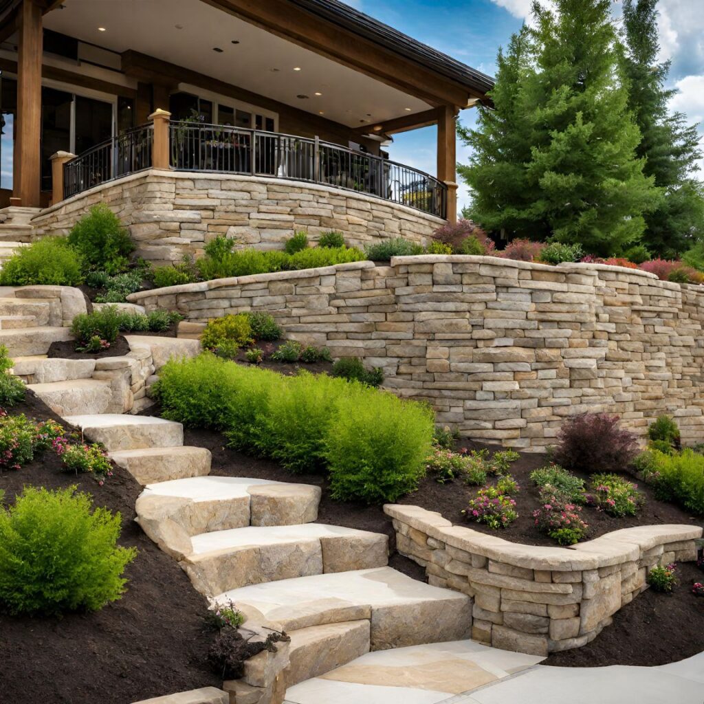 Mountain villa landscaping with retaining walls

