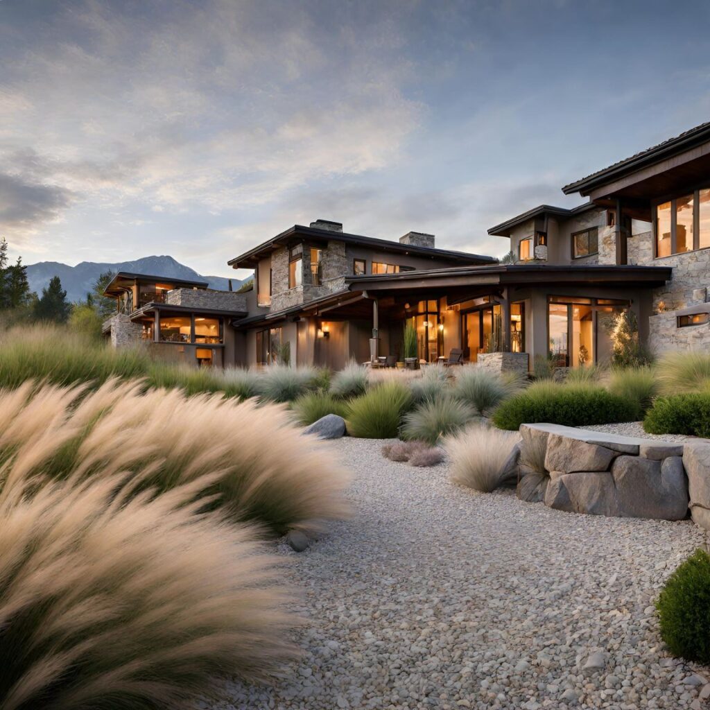 Mountain villa landscaping with ornamental grasses

