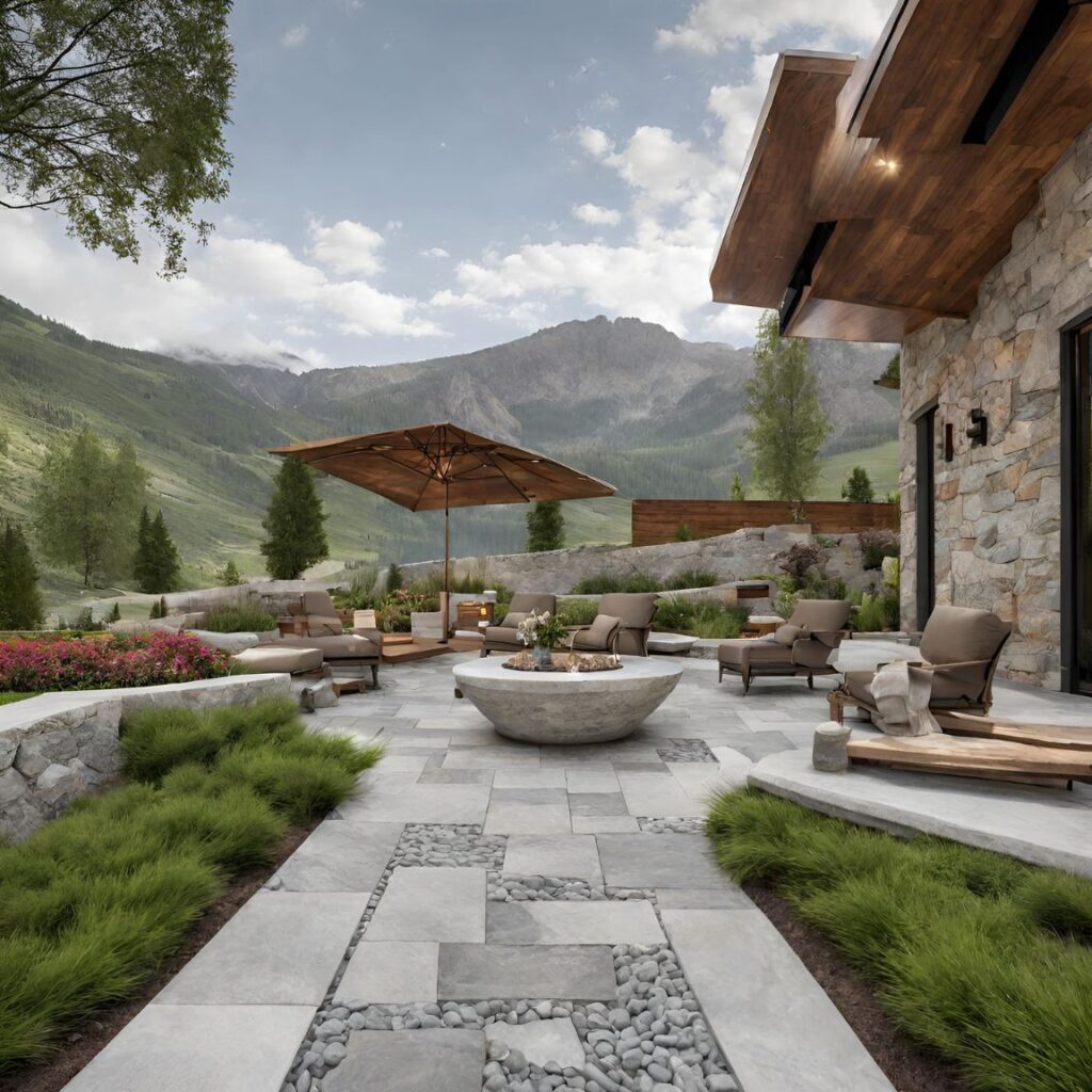 Mountain villa landscaping with patio

